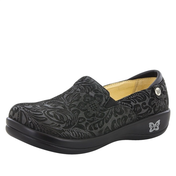 ALEGRIA Black Leather Floral Paisley Embossed Keli Professional Slip On Loafers - Picture 2 of 12